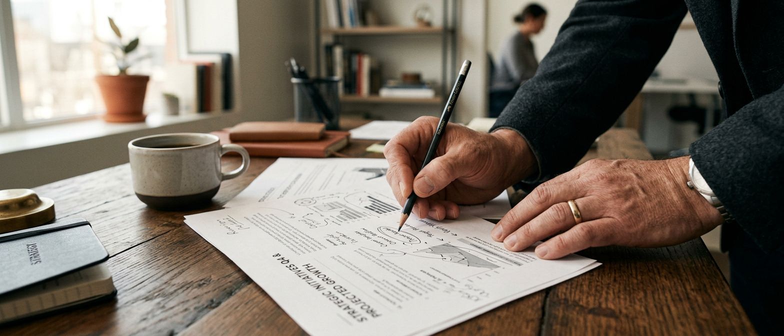Mains d'un dirigeant annotant un dossier de cession