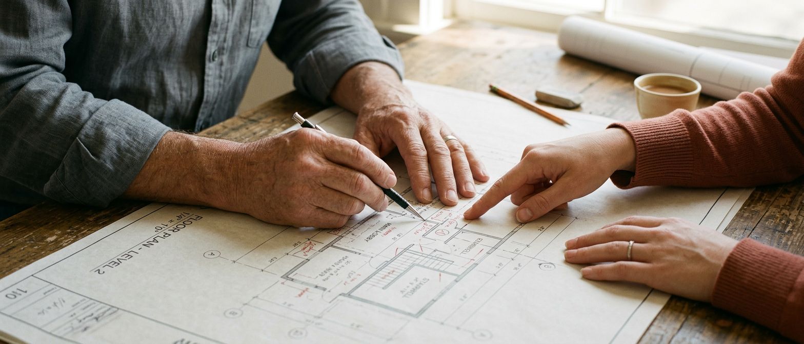 Deux générations penchées sur un plan d'atelier